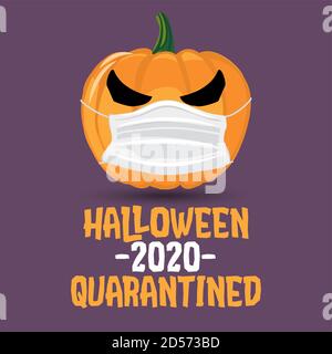 Halloween 2020 Quarantined - divertente lanterna di zucca illustrazione in maschera, stampa. Vettore umoristico illustrazione con cute zucca con maschera facciale. Bene Illustrazione Vettoriale