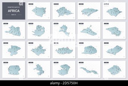 Insieme di mappe isometriche vettoriali - continente africano. Mappe dei paesi africani con divisione amministrativa e città. Parte 1. Illustrazione Vettoriale