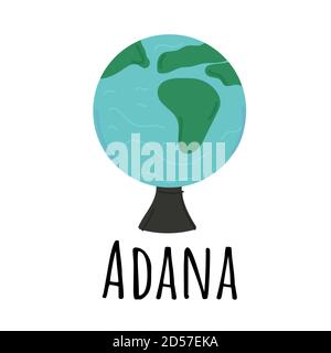 Globo terrestre ad Adana, Turchia. Illustrazione vettoriale disegnata a mano isolata su sfondo bianco Illustrazione Vettoriale