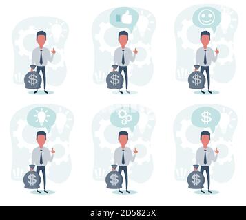 Uomo d'affari con mano in su che tiene una borsa di soldi. Vista completa. Impostazione. Illustrazione Vettoriale