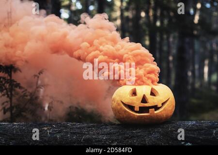 zucca halloween intagliata con fumo arancione sul tronco dell'albero dentro foresta Foto Stock