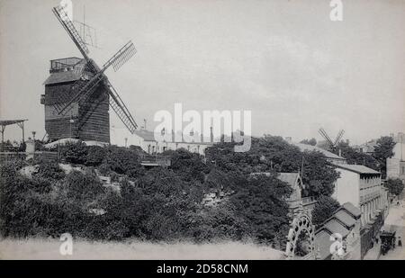 Una vista storica del mulino a vento del Moulin de la Galette a Montmartre, Parigi, Francia, tratto da una cartolina all'inizio del 1900. Foto Stock