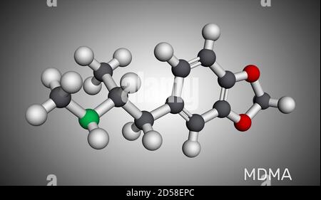 3,4-metilendiossimetamfetamina, MDMA, XTC, molecola di ecstasy. È psicoattivo, allucinogeno farmaco. Modello molecolare. Rendering 3D Foto Stock