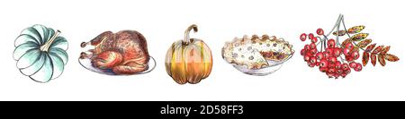 Set di clip-art disegnati a mano con colori acquerelli Grazie materiali autunnali. Zucca, tacchino, raccolto Foto Stock