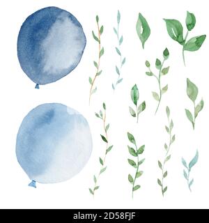 Set di clitpart acquerelli disegnati a mano di palloncini blu chiaro e foglie verdi. Illustrazioni grafiche per inviti, biglietti d'auguri, feste e piccoli cenere Foto Stock