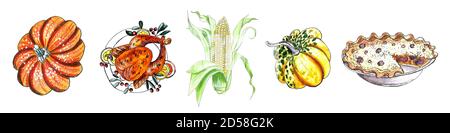 Set di clip-art disegnati a mano con colori acquerelli Grazie materiali autunnali. Zucca, tacchino, raccolto Foto Stock