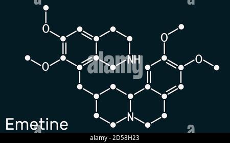Molecola emetinica. È un agente antiprotozoico ed emetico. Formula chimica scheletrica su sfondo blu scuro. Illustrazione Foto Stock