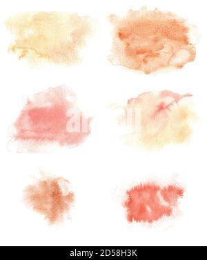 Spruzzi di macchie acquerello isolati sul bianco. Texture dipinte a mano rosso arancio giallo marrone. Sfondo per logo, banner. Foto Stock