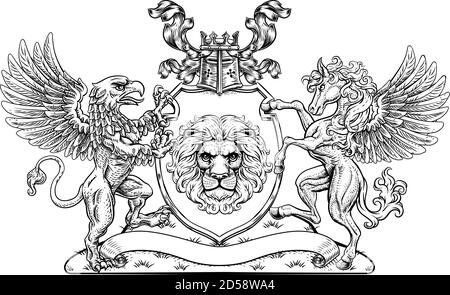 Stemma Crest Griffin Pegasus Lion Shield Illustrazione Vettoriale