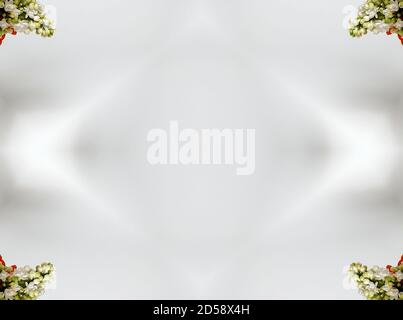 fiori , effetto visivo di uno specchio, spazio per l'inserimento del testo, carta da parati astratta, piena di colori, strani ornamenti e forme, sfondo con bella geo Foto Stock