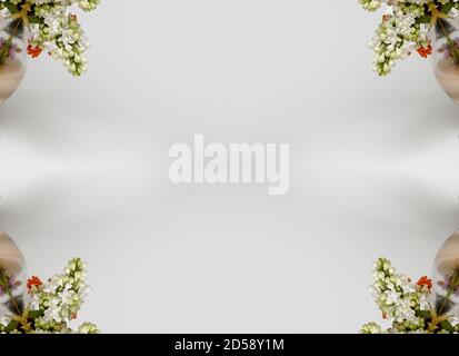 fiori , effetto visivo di uno specchio, spazio per l'inserimento del testo, carta da parati astratta, piena di colori, strani ornamenti e forme, sfondo con bella geo Foto Stock