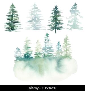 Acquerello dipinto a mano paesaggio invernale con alberi di pino in montagna. Clitpart albero di pino di Natale. Grafica per fai da te, scrapbooking, packaging, fab Foto Stock