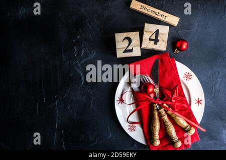 Vista dall'alto di un luogo di Natale su un tavolo Foto Stock