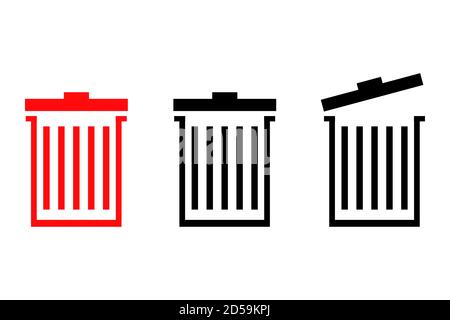 Raccolta di icone a linea piatta del cestino costituita da un cestino aperto, chiuso e pieno. Illustrazione Vettoriale