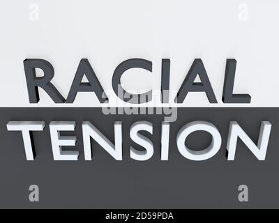 Illustrazione 3D di lettere bianche e nere che formano le parole TENSIONE RAZZIALE sopra un piatto, diviso in due parti con i colori opsit. Foto Stock