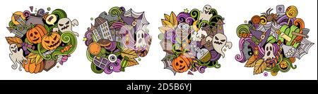 Halloween cartoon vettore doodle disegni insieme. Illustrazione Vettoriale