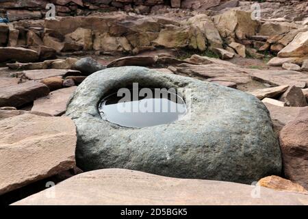 La pietra di Koking nell'interno del Broch di Clachtold (un Dun) che è sotto minaccia da erosione costiera e danni di tempesta, Costa occidentale di Assynt, NW Highl Foto Stock