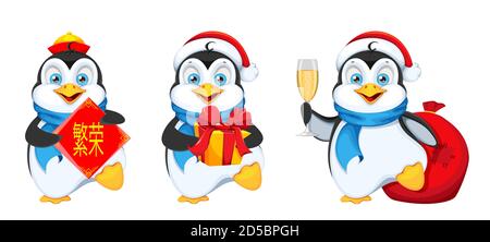 Carino pinguino, set di tre pose. Buon Natale e Felice Anno Nuovo. Simpatico personaggio dei pinguini. Illustrazione vettoriale su sfondo bianco. Lettera Illustrazione Vettoriale