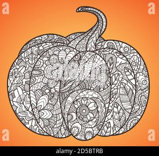Halloween Pumpkin pagina da colorare anti-stress per adulti, stile zentangle. Illustrazione vettoriale del modello di laccio. Illustrazione Vettoriale