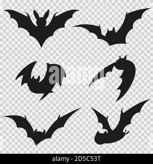 BAT nero silhouette di forme diverse in volo. Icone piatte vettoriali isolate su uno sfondo trasparente. Illustrazione Vettoriale
