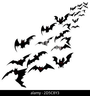 Gregge di pipistrelli isolati su sfondo bianco. Illustrazione piatta vettoriale per Halloween. Illustrazione Vettoriale