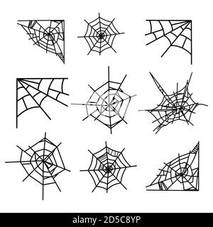 Insieme di icone vettoriali spiderweb per Halloween isolato su uno sfondo bianco. Illustrazione Vettoriale