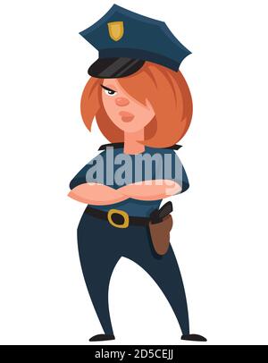 Ufficiale di polizia femminile con le sue braccia incrociate. Bel personaggio in stile cartoon. Illustrazione Vettoriale