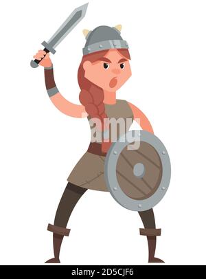 Femmina viking che tiene spada e scudo. Carattere serio in stile cartoon. Illustrazione Vettoriale
