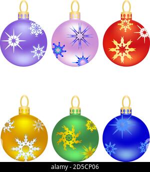 Set di palle di Natale e Capodanno con ornamenti a forma come stelle su sfondo trasparente Illustrazione Vettoriale