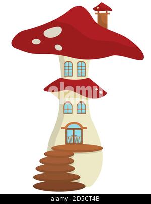 Casa dei funghi da favola. Esterno dell'edificio insolito in stile cartone animato. Illustrazione Vettoriale