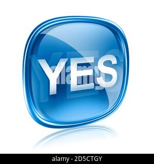 SÌ icona blu vetro, isolato su sfondo bianco Foto Stock