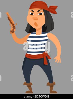 Pistola di tenuta pirata femminile. Carattere serio in stile cartoon. Illustrazione Vettoriale