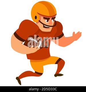 Giocatore di calcio americano che corre con la palla di rugby. Carattere maschile in stile cartoon. Illustrazione Vettoriale