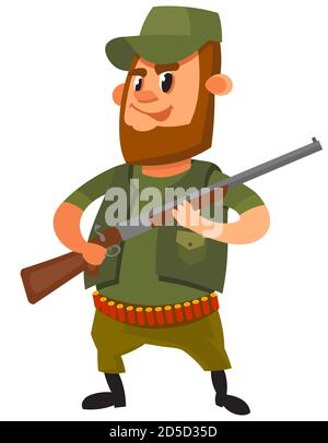 Cacciatore che tiene il fucile. Carattere maschile in stile cartoon. Illustrazione Vettoriale