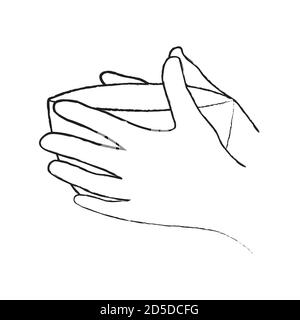 Illustrazione vettoriale delle mani che tengono una tazza grande. Illustrazione del profilo per la stampa e il logo per caffè su sfondo bianco Illustrazione Vettoriale