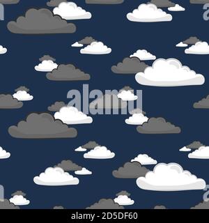 Disegno senza giunture di nuvole vettoriali su sfondo blu scuro. Modello vettoriale per tessuti per impermeabili o per la casa per bambini Illustrazione Vettoriale