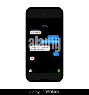 Interfaccia iMessage. SMS bolle. IPhone Mockup. Interfaccia di testo. Telegramma Messenger. Bolle di messaggi vettoriali piatte. Chat su sfondo nero Illustrazione Vettoriale