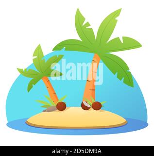 Isola tropicale con palme e noci di cocco. Spiaggia di sabbia. Illustrazione Vettoriale