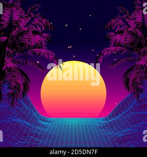 Tramonto tropicale in stile anni '80 retro con silhouette di palme e sfondo del cielo sfumato. Design retrò classico anni '80. Digital retro Landscape Cyber Surface. Anni '80 Party background. Illustrazione vettoriale alla moda Illustrazione Vettoriale