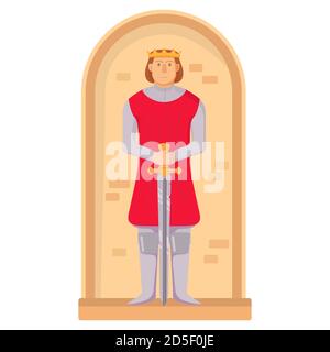 Re medievale una spada. Personaggio dei cartoni animati guerrieri. Illustrazione Vettoriale