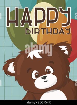 L'orso bruno augura un buon compleanno e ha un sacco di palloncini verdi, rossi e oro Illustrazione Vettoriale