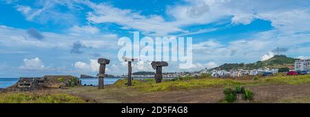 Milicias Beach, Sao Roque, Sao Miguel Island, Azzorre, Portogallo lunga spiaggia, Ponta Delgada, vista panoramica Foto Stock
