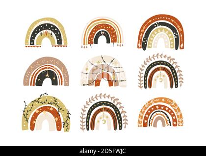 Vettore scandinavo boho rainbow set. Perfetto per le pareti delle camere per bambini, con design in tessuto e per bambini. Collezione d'arte trendy decorativa infantile disegnata a mano. Illustrazione Vettoriale