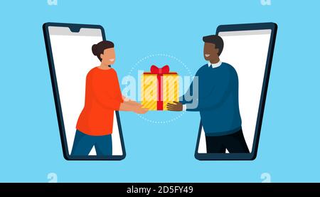 Amici felici videochiamare e condividere un regalo virtuale online sugli smartphone Illustrazione Vettoriale