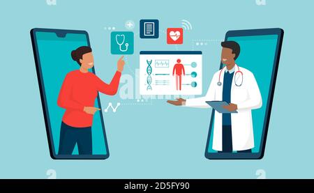 Medico online e telemedicina: Donna che si connette con un medico online utilizzando un'app per smartphone e avendo una consulenza medica professionale Illustrazione Vettoriale