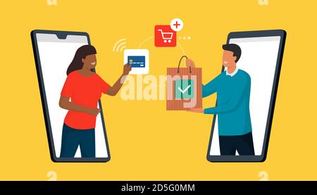 Donna che fa shopping online e pagamenti sul suo smartphone, un uomo sta consegnando una borsa per la spesa con il suo prodotto Illustrazione Vettoriale