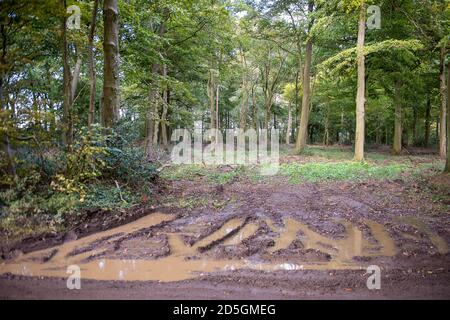 Wendover, Buckinghamshire, Regno Unito. 10 ottobre 2020. Alcune strade di campagna in Chilterns da siti HS2 sono ora molto fangose. Sono iniziati i lavori preparatori per la costruzione della ferrovia ad alta velocità da Londra a Birmingham. Molti residenti locali nei Chilterns e attivisti ambientali sono fortemente contrari al progetto HS2 che metterà a rischio 108 boschi antichi, 693 siti di fauna selvatica e 33 SSSI. Credito: Maureen McLean/Alamy Foto Stock