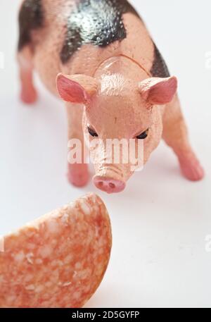 Mini Pig in plastica con una fetta di sausage sparato sopra sfondo bianco Foto Stock