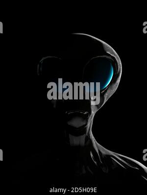 Alieno umanoide grigio. Silhouette su sfondo nero. Illustrazione 3D Foto Stock