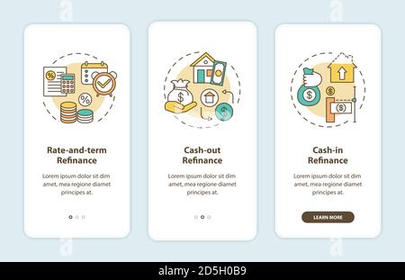 Tipi di rifinanziamento ipotecario onboarding pagina app mobile con concetti Illustrazione Vettoriale